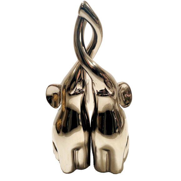 Silver Elephant Figures with Intertwined Trunks, Ceramic Set of 2, Chrome Decor - Picture 6 of 16